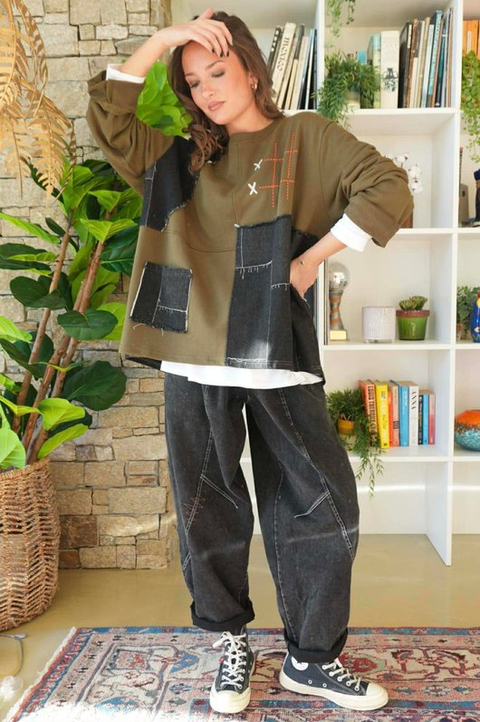 Duran Panel Grid Applique Sweatshirt Khaki /25=